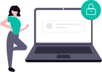 Desenho de uma mulher mostrando um notebook com um desenho de segurança